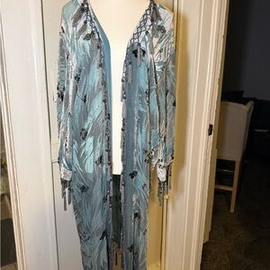 Vintage Aria A USA Silk Velvet Burnout Duster Kimono | Beaded Tassel Trim